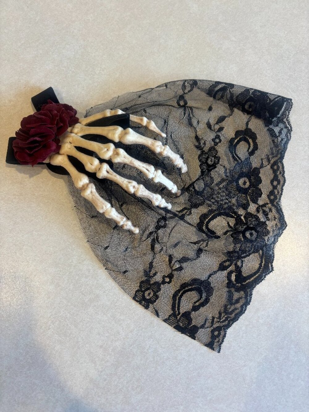 Spooky Skeleton Hand Hair Clip Gothic Black Lace & Burgundy Roses Veil